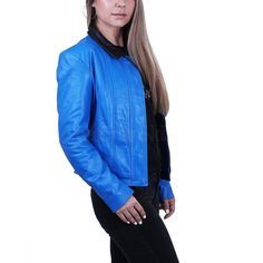 With its unique, contemporary styles and modern designs, Leather Skin Shop has completely changed the game when it comes to pulling off leather outerwear. The women blue leather biker jacket is one of our most famous designs with people who want to stay warm in style, but do not want to go for the OG leather jacket look. If you don’t like the idea of heavy jackets that weigh you down, then here is a simple and elegant Solid Blue with Black Collar All Purpose Jacket to keep you fashionably warm and comfortable. The vibrant blue color is as refreshing as it gets and instantly picks up a moody outfit and turns it into one fit for a party. With its characteristic long sleeves, an option between zipping and button closure for the front, straight hem, and a beautiful finishing – this gorgeous bl Trendy Blue Leather Jacket With Zipper, Trendy Blue Leather Jacket With Zipper Closure, Fitted Blue Biker Jacket With Zipper Closure, Blue Moto Biker Jacket With Zipper Closure, Blue Moto Leather Jacket For Fall, Blue Biker Leather Jacket For Winter, Blue Leather Moto Outerwear, Blue Fitted Moto Leather Jacket, Blue Biker Leather Jacket For Fall