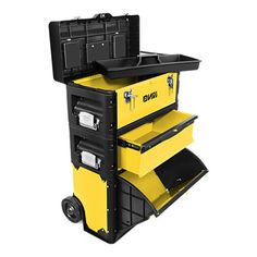 a yellow and black tool cart with tools in it's back compartment on wheels