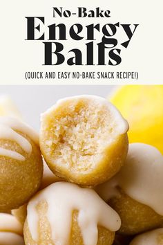 no - bake energy balls are stacked on top of each other in front of lemons