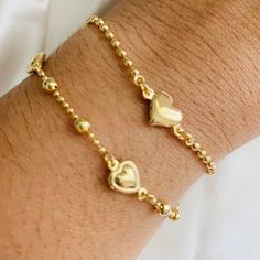 Gold Ball Bracelet, Heart Bracelet, Gold Filled Ball Bracelet, Chain Bracelet, Gold Beaded Bracelet, Anniversary Gift, Mothers Day Gift by HouseGoldJewelry on Etsy Valentine's Day Dainty Bangle Bracelets, Dainty Beaded Bracelets With Heart Beads As Gift, Dainty Beaded Bracelet With Heart Beads For Gift, Dainty Heart Charm Bracelet With Round Beads, Dainty Bracelet With Heart Charm And Round Beads, Heart Beads Bracelet Gift, Dainty Adjustable Bracelet With Heart Beads, Dainty Heart Bracelet With Round Beads For Friendship, Adjustable Dainty Heart Beads Bracelet