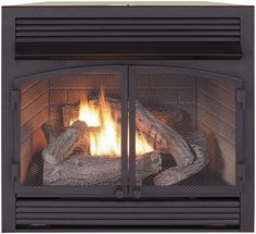 an open fireplace with logs and flames in it