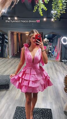 bow straps pink plunge A-line tiered ruffle short homecoming dress #homecomingdress #homecoming2024 #hocodress #winterformal2025 #graduationdress #partydress #winterformaldress #fallball #balldress #highschoolball #juniorpromdress #pageantdress #cocktaildress #minidress #partydress #sweet16dress #birthdaydress #concertoutfit Pleated Party Dress With Ruffled Straps, Pleated Dress With Ruffled Straps For Party, Ruched Tiered Cocktail Dress, V-neck Ruffled Mini Dress For Prom, Cocktail Mini Dress With Ruched Ruffled Straps, Party Ruffle Dress With Ruched Ruffled Straps, Ruched Ruffle Dress With Ruffled Straps For Party, Ruched Tiered Party Dress, Tiered Ruched Party Dress