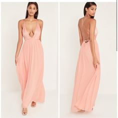 Didn’t Fit Me Right. Gorgeous Dress. True To Size. Pink Halter Neck Maxi Dress For Date Night, Chic Pink Backless Maxi Dress, Chic Blush V-neck Maxi Dress, Pink Tie-back Maxi Dress For Prom, Pink Tie Back Maxi Dress For Bridesmaid, Pink V-neck Maxi Dress For Night Out, Peach V-neck Maxi Dress For Parties, Carli Bybel, Plunge Maxi Dress