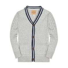 Our handsome cable knit cardigan in organic cotton is a cool classic that layers seamlessly into your guy's fall wardrobe. Features a plush allover cable knit, striped rib trim, faux horn buttons, and front patch pockets. Pairs perfectly with our collection of organic cotton button downs and stretch chino pants. Winter Ribbed Relaxed Fit Cardigan, Ribbed Relaxed Fit Cardigan For Winter, Winter Ribbed Cardigan With Relaxed Fit, Winter Cotton Cardigan With Ribbed Cuffs, Winter Cotton Cable Knit Cardigan, Cable Knit Cotton Sweater Coat For Fall, Winter Cable Knit Cotton Cardigan, Winter Cotton Cable Knit Sweater Coat, Cotton Cable Knit Outerwear For Layering