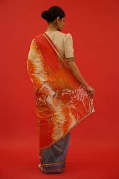 Multi-colored chanderi saree with floral hand painting and textured hand embroidery. Comes with an unstitched blouse piece. - Aza Fashions Festive Fusion Pre-draped Saree For Diwali, Silk Pre-draped Saree With Dori Work For Puja, Embroidered Fabric With Gota Work In Traditional Drape, Fitted Embroidered Fabric With Gota Work For Festivals, Fitted Pre-draped Saree With Dupatta For Puja, Multicolor Pre-draped Saree With Dori Work For Designer Wear, Diwali Silk Blouse Piece With Gota Work, Diwali Silk Blouse With Gota Work, Silk Blouse Piece With Gota Work For Diwali