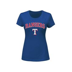 Step out with a casual display of love for your Texas Rangers by snagging this Arch Logo T-shirt from Profile. It features a simple and sweet wordmark printed across the chest along with a signature Texas Rangers logo for a spirited look. The scoop neckline makes this tee a fitting choice when you want a laid-back look that's big on team spirit.Step out with a casual display of love for your Texas Rangers by snagging this Arch Logo T-shirt from Profile. It features a simple and sweet wordmark pr Blue Relaxed Fit Tops With Lettering, Casual Fan Merchandise T-shirt With Lettering, Blue Graphic Tee With Lettering, Blue Tops With Letter Print And Comfortable Fit, Comfortable Blue Letter Print Top, Blue Letter Print Top With Comfortable Fit, Fan Merchandise Short Sleeve T-shirt With Lettering, Fan Merchandise T-shirt With Lettering And Short Sleeves, Blue Short Sleeve T-shirt With Lettering