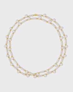 Hand strung pearl and gold bead necklace that can be worn as a long single lustrous strand or doubled up as a layered look. Handmade in New York and finished in 14 karat gold. 14 Karat Yellow Gold Button Pearl 32 inches length 3.5mm to 7.5mm bead size Style # JJ-NOC-004 UPC 810109743216 White Double Strand Pearl Necklaces, Yellow Gold Pearl Beaded Necklaces With Round Beads, Yellow Gold Pearl Beaded Necklace With Round Beads, White Double Strand Pearl Drop Necklace, White Double Strand Pearl Necklace With Pearl Drop, Double Strand Pearl Chain Beaded Necklace In Gold, Gold Double Strand Pearl Chain Beaded Necklace, Gold Double Strand Beaded Necklace With Pearl Chain, Gold Double Strand Pearl Chain Necklace