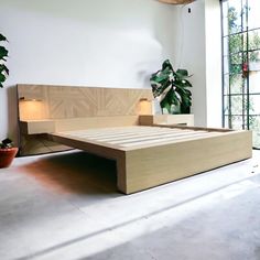 a bed sitting in the middle of a room next to a potted plant