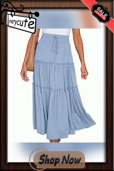 Light Blue Drawstring High Waist A-line Skirt Blue Drawstring Skirt For Spring, Spring Blue Drawstring Skirt, Blue Casual Maxi Skirt With Elastic Waistband, Spring Flared Skirt With Drawstring, Casual Blue Gathered Skirt, Casual Blue Skirt With Gathered Detail, Blue Gathered Maxi Skirt For Summer, Blue Solid Color Mini Skirt, Summer Tiered Maxi Skirt With Drawstring