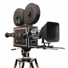 an old fashioned movie camera sitting on top of a tripod with two cameras attached to it