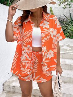 Orange Boho Collar Half Sleeve  Tropical  Embellished Non-Stretch  Women Plus Clothing Tropical Look Outfit, Printed Orange Beach Sets, Printed Long Sleeve Sets For Beach Season, Casual Orange Sets With Relaxed Fit, Casual Orange Sets Relaxed Fit, Orange Relaxed Fit Summer Sets, Orange Relaxed Fit Sets For Summer, Casual Orange Sets For Beach, Printed Short Sleeve Sets For Beach Season