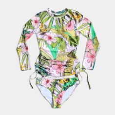 Women's Ruched Sides Long Sleeve Swimsuit Set Swim Leggings, Hawaiian Floral Print, Sleeve Swimsuit, Vintage Tropical, Perfect Leggings, Rashguard Swimsuit, Long Sleeve Swimsuit, Swimsuit Set, Swimsuit Fashion