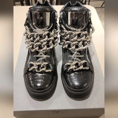 I Am Selling Rare Giuseppe Zanotti's. Worn Only Once So They Are Still In A Flawless Condition & Are 100% Authentic. These Shoes Are Real Eye Catchers. Size 43 Us Size 10. Comes With Box Luxury Silver Leather Sneakers, Silver Leather Party Sneakers, Designer Leather Party Sneakers, Elegant Leather Sneakers For Party, Designer Black Party Sneakers, Designer Round Toe Sneakers For Party, Luxury High-top Sneakers For Party, Luxury High-top Party Sneakers, Designer Party Sneakers With Round Toe