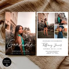 the graduation announcement card is shown on top of a blanket with an image of a woman in