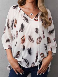 Pink V-neck Feather Print Casual Long Sleeve Plus Size Blouse Trendy V-neck Blouse For Fall, Chic Split Neck V-neck Top For Fall, Fall Vacation Tops With V-neck, Fall Vacation Blouse With Split Neck, Fall Vacation Split Neck Blouse, Trendy Split Neck Fall Blouse, Split Neck Blouse For Fall Vacation, Fall V-neck Top For Day Out, Trendy Split Neck Blouse For Fall