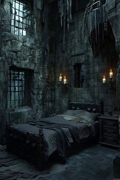 a bed sitting inside of a stone walled room next to a window filled with candles