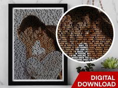 an image of a couple kissing in front of a wall with the words digital print on it