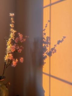 a vase filled with pink flowers sitting next to a window covered in sun shining through the blinds