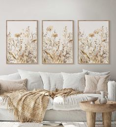 three paintings on the wall above a couch in a living room with white furniture and pillows