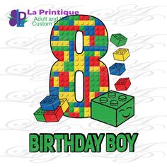 a birthday card with the number eight made out of legos and blocks on it