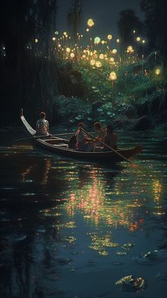 three people in a row boat on the river at night with lanterns hanging above them