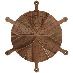 a wooden pizza board with eight slices cut into four sections and holes in the middle