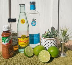 the ingredients to make an alcoholic cocktail are displayed on a green mat next to a white fence