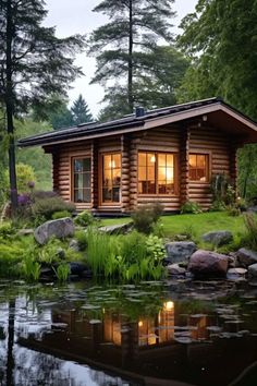 a small log cabin sits next to a pond