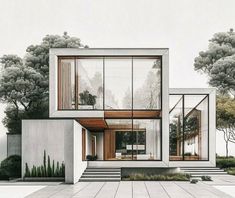 an architectural rendering of a modern house with large windows and steps leading up to the front door