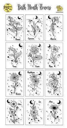 the birth month flower stamp set is shown in black and white, with flowers on each side