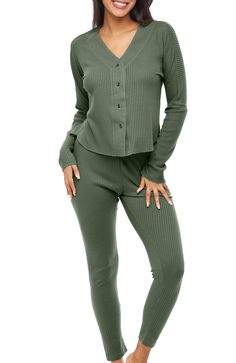 Shadow Green Matching Loungewear Set, Knit Pajamas, Drop Shoulder Top, Solid Leggings, Pj Pants, Shell Buttons, Womens Robes, Loungewear Set, Pajamas Set