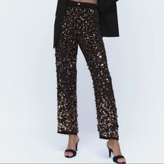 Brand New With Tags. Limited Edition Size Medium 100% Viscose Style 7521-255. Holiday Chic Sequined Pants, Chic Evening Pants With Sequins, Chic Sequined Pants For Evening, Black Embellished Wide Leg Bottoms, High Waist Embellished Pants For Party, Chic Embellished Pants For Party, Embellished Bottoms For Evening Parties, Embellished Bottoms For Evening Party Season, Embellished Bottoms For Evening And Party Season