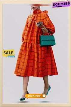 Lantern Sleeve Turtleneck Plaid Elegant Midi Dress Orange Long Sleeve Midi Dress, Casual Orange Dresses For Fall, Orange Long Sleeve Shift Dress, Casual Orange Knee-length Midi Dress, Orange Shift Dress For Spring, Casual Orange A-line Maxi Dress, Orange A-line Midi Dress, Orange Dress For Day Out In Fall, Casual Orange Long Sleeve Maxi Dress