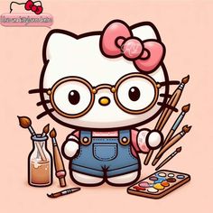 an image of hello kitty with paintbrushes and paintsticks in front of her