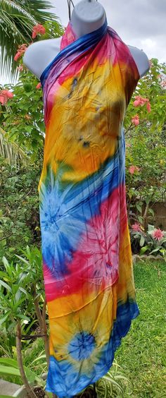 "Plus Size Tie Dye Cover-Up Sarong Pareo Wrap Dress 100% Rayon 84\" x 46\" ' Fits XS to 3XL, unisex. No fringes. Hand made. Uses: beach coverup, beach mat, skirt, scarf, head wrap, dress, towel, table cloth, curtains, baby carrier, breast feeding coverup, wall hanging, and more. Perfect and unique gift that everyone can use. High quality rayon- soft and silky- drapes beautifully. Shipping from Pearl City , Hawaii 96782" Pearl City Hawaii, Cloth Curtains, Scarf Head Wrap, Scarf Head, Coverup Beach, Breast Feeding, Women's Cover Up, Swimwear Cover Ups, Baby Carrier