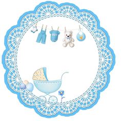 a blue doily with baby items hanging from it's clothesline