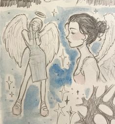 a drawing of an angel and a woman