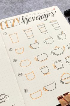 an open notebook with coffee related drawings on the cover and writing in orange ink next to a cup of coffee