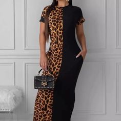 2019 Autumn Leopard Print Bodycon Long Maxi Dress Brown Short Sleeve Maxi Dress For Party, Casual Brown Maxi Dress For Night Out, Long Maxi, Long Maxi Dress, Baby Pictures, Black And Brown, Leopard Print, Colorful Dresses