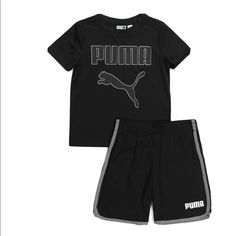 Puma 2pc Little Boys Performance T-Shirt & Short Set Size 4 Sporty Graphic Print Playwear Set, Sporty Graphic Print Sets For Playwear, Sporty Playwear Set With Graphic Print, Sporty Playwear Sets With Letter Print, Sporty Graphic Print Sets For Sports, Sporty Graphic Print Sports Sets, Black Short Sleeve Sportswear Set, Black Sportswear Sets With Letter Print, Sporty Black Sets With Graphic Print