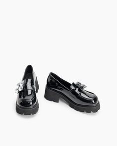 Details Women Size: US 5-11 Heel Height: 6.5cm/2.56" Color: Black Toe: Round Toe Material Lining Material: Microfiber Leather Outsole Material: Rubber Upper Material: Patent Leather Insole Material: PU Leather Platform Loafers, Rhinestone Decor, Patent Leather, Pu Leather, Heel Height, Loafers, Womens Sizes, Heels, Leather