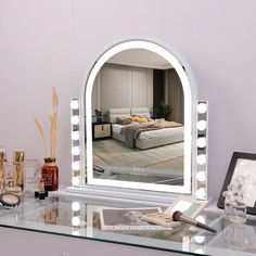 Professional LED vanity mirror with adjustable lighting on a makeup desk. Arched Vanity Mirror, Vanity Mirror With Led Lights, Led Vanity Mirror, Arched Design, Hollywood Vanity Mirror, Vanity Mirror With Lights, Hollywood Vanity, Mirror With Led Lights, Dimmable Led Lights