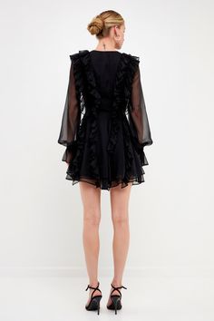 Chiffon Long-Sleeve Ruffle Mini Dress Chiffon Mini Dress, Chiffon Long Sleeve, Ruffle Mini Dress, Black Xs, Sheer Sleeves, Hip Length, Chiffon Dress, Mini Black Dress, Ruffles