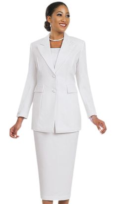 The Ben Marc 2299-WHT Church Suit represents sophistication and class all wrapped up in one beautiful package. This stunning two-piece ensemble features a single-breasted jacket poised with a sharp notch lapel that adds a refined touch to the outfit. The clean lines and structured form of the jacket ensure a flattering fit that enhances the silhouette. Accompanying the jacket is a knee-length skirt, crafted to complement the jacket's tailored appearance. The skirt remains conservative enough for Fitted Solid Color Blazer Dress With Suit Collar, Fitted Solid Blazer Dress With Suit Collar, Fitted Blazer Dress With Suit Collar, Fitted Career Suits With Suit Collar, Classic Fitted Career Sets, Fitted Suits With Suit Collar, Classic Fitted Sets For Career, Elegant Workwear Sets With Double Button Closure, Elegant Single-breasted Sets With Suit Collar