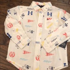 3t Boy’s Button Down- Nwt Cute White Button-up Shirt, Cute White Button Shirt, White Button Tops For Playtime, White Playtime Tops With Buttons, White Buttoned Tops For Playtime, Tommy Hilfiger Shirts, Button Down Shirts, Kids Shirts, White Blue