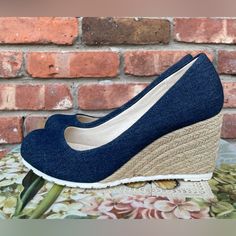 *Cl By Laundry* Wedge Espadrille- Sz 7.5- 3 Inch Wedge Heel- “Adorable Shoes”. Limited Editionnew Casual Denim Blue Heels With Round Toe, Colorful Wedges, Boho Wedges, Black Espadrilles Wedges, Black Flat Boots, Black Ankle Strap Heels, Trending Heels, Pointy Heels, Slip On Espadrilles