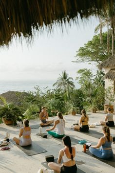 a group of people sitting on top of yoga mats in front of the ocean and trees