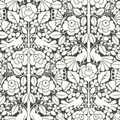 an intricately designed wallpaper with flowers and birds in black and white on a dark background