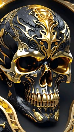 a gold and black skull with intricate designs on it's face is shown in this image