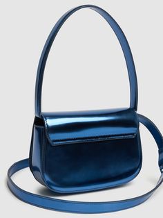 Height: 13.5cm Width: 20.5cm Depth: 6.5cm. Handle drop: 18cm. Strap drop: 42cm. Single top handle. Detachable, adjustable strap. Front flap with magnetic closure. Internal embossed logo detail. Three internal compartments. One internal pocket. Lined Modern Handheld Baguette Bag For Evening, Evening Crossbody Baguette Bag With Adjustable Handle, Evening Leather Baguette Bag With Adjustable Handle, Evening Shoulder Baguette Bag With Adjustable Handle, Modern Evening Flap Bag With Adjustable Handle, Glossy Finish Shoulder Bag For Party, Evening Handheld Baguette Bag With Adjustable Strap, Party Leather Bag With Glossy Finish, Evening Blue Flap Bag With Adjustable Strap